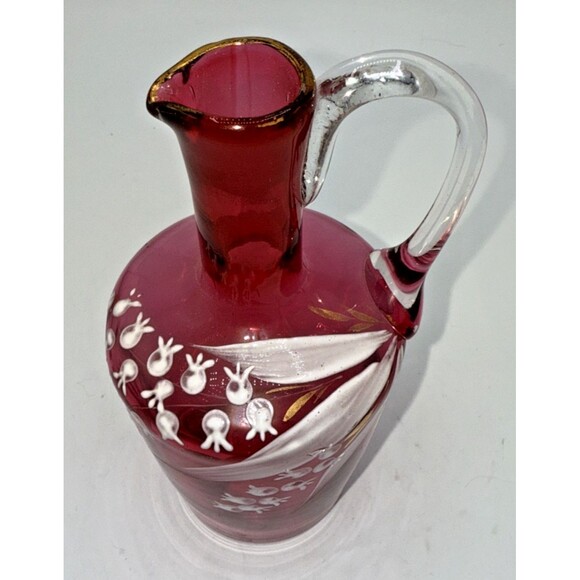 Vintage Victorian Cranberry Glass Jug W/Hand Painted White Flowers Gold Trim 7” - Picture 3 of 16